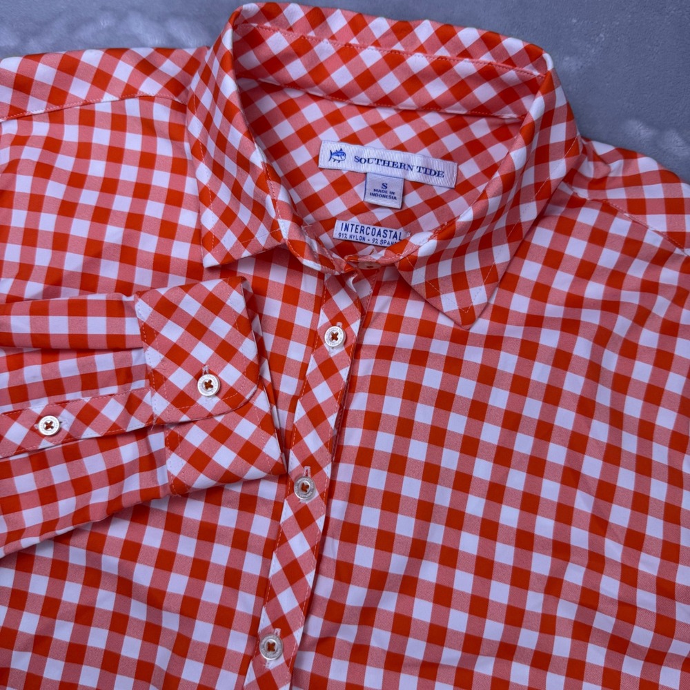 Southern Tide Intercoastal Orange Gingham‎ Check Performance Shirt Womens Small